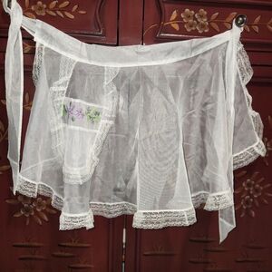 Unique Vintage White Lace, see through Apron. Flocked floral side pocket.